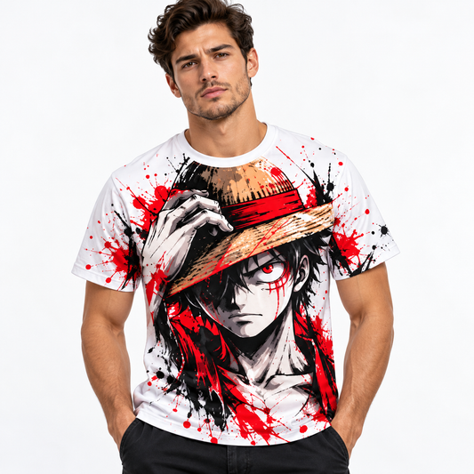Model wearing the Anime Red Edition white T-shirt with red and black anime print